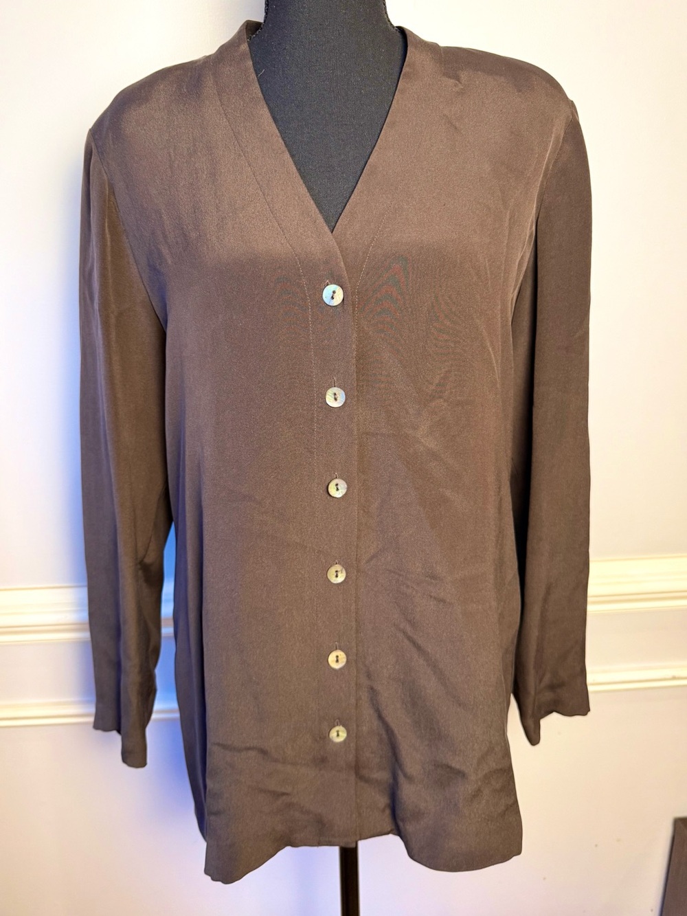 Moda Seta Sandra King 100% Silk Brown Button Front Blouse Top M